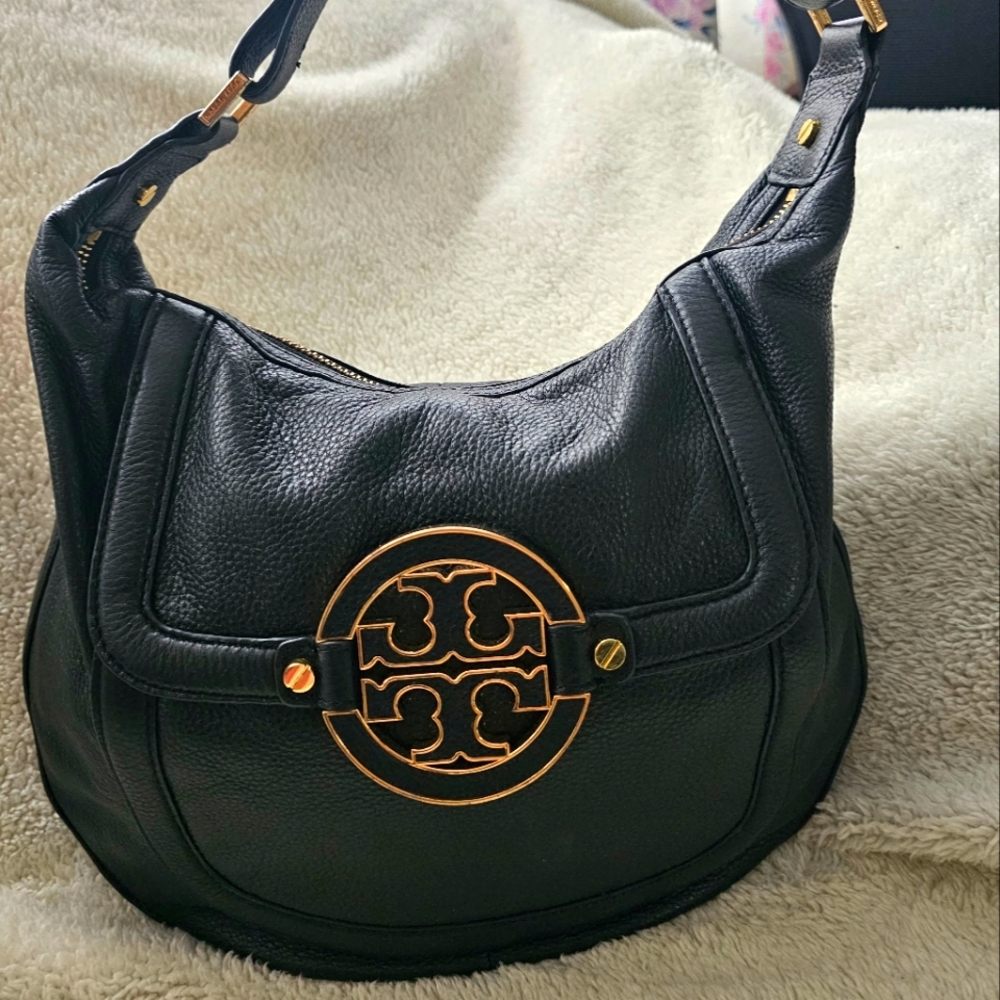 Tory Burch Black Leather Hobo with Gold Logo